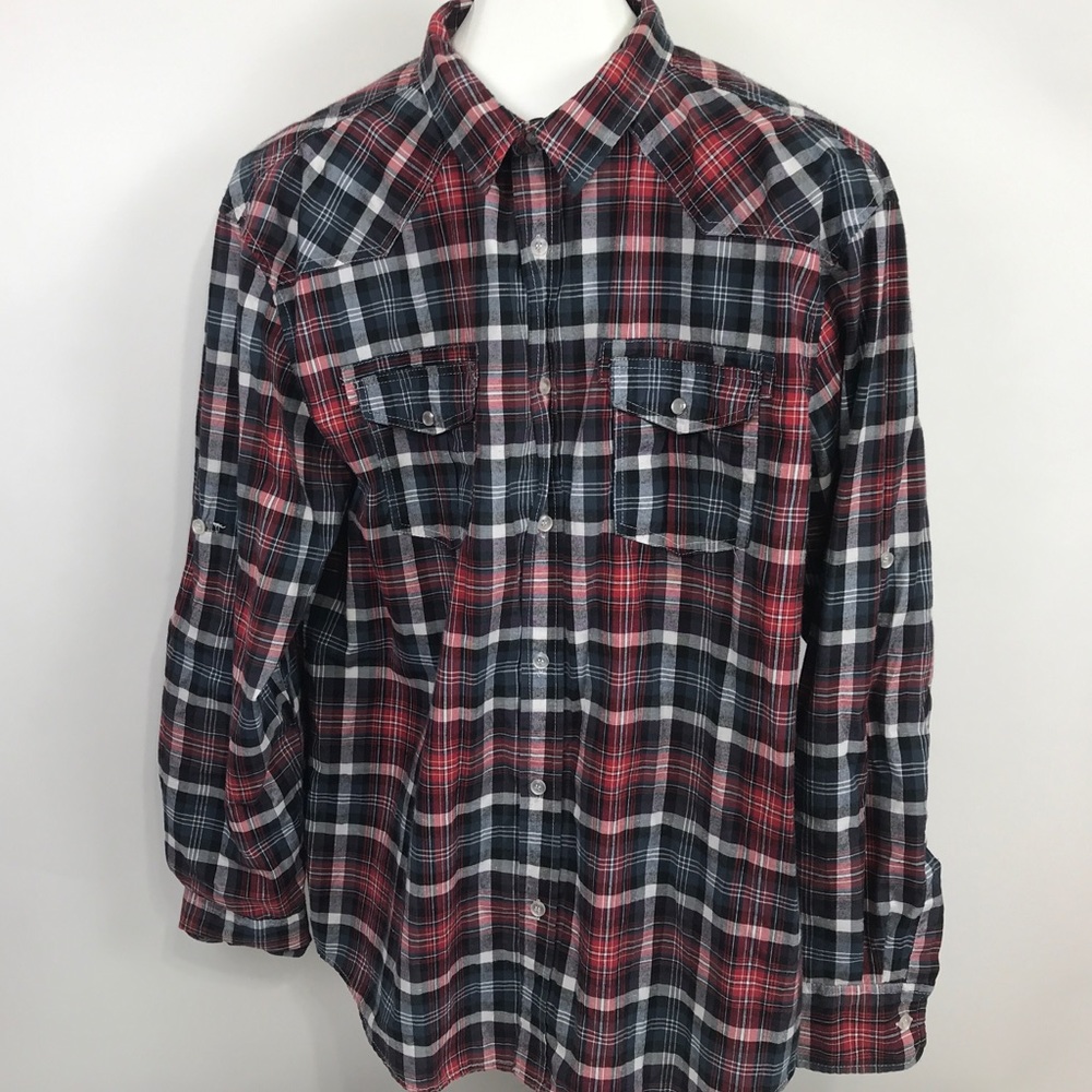 Straight‎ Faded Red Plaid Button Front Shirt XL